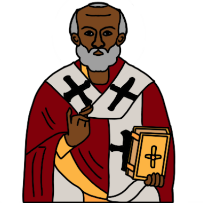 A portrait of the 3rd century bishop Nicholas of Myra, sometimes said to have been ethnically African. He is depicted with brown skin, receding hair and a grey beard, wearing a red and gold outer robe and white pallium over white clothing. He is holding up one hand in a gesture of benediction and holding a book with gilded covers, including a gilded cross, in the other hand..